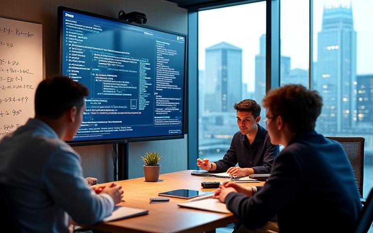 AI research team collaborating on machine learning algorithm development